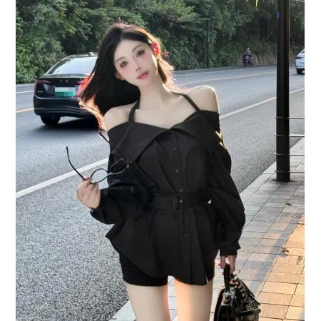 FA52402# 纯欲挂脖露肩吊带衬衫女秋季新款修身显瘦性感设计感小众长袖上衣  服裝批發女裝批發服飾貨源