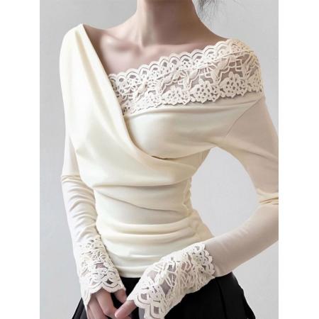 FA52403# 韩系复古杏色蕾丝拼接斜肩v领衫女秋冬新款高级感打底衫内搭上衣  服裝批發女裝批發服飾貨源