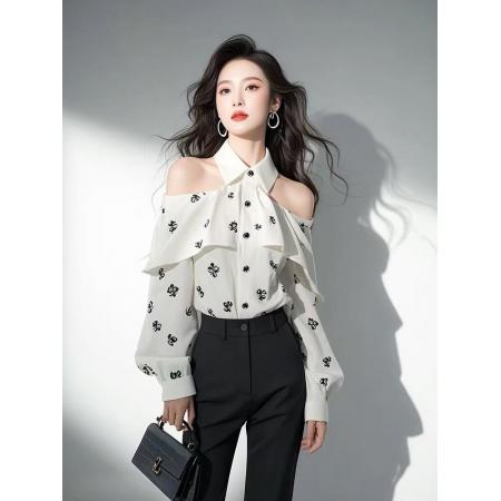 FA52406# 白色印花雪纺衬衫女款春季超火独特漂亮小众设计感荷叶边衬衣  服裝批發女裝批發服飾貨源