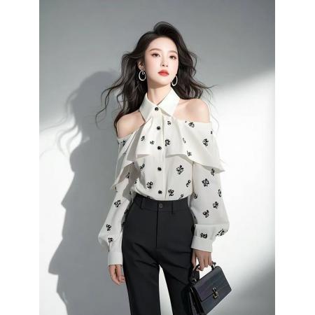 FA52406# 白色印花雪纺衬衫女款春季超火独特漂亮小众设计感荷叶边衬衣  服裝批發女裝批發服飾貨源