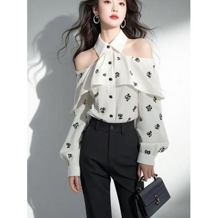 FA52406# 白色印花雪纺衬衫女款春季超火独特漂亮小众设计感荷叶边衬衣  服裝批發女裝批發服飾貨源