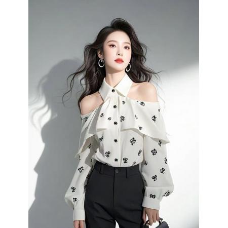 FA52406# 白色印花雪纺衬衫女款春季超火独特漂亮小众设计感荷叶边衬衣  服裝批發女裝批發服飾貨源