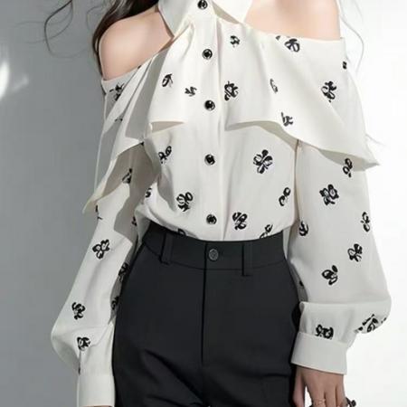 FA52406# 白色印花雪纺衬衫女款春季超火独特漂亮小众设计感荷叶边衬衣  服裝批發女裝批發服飾貨源