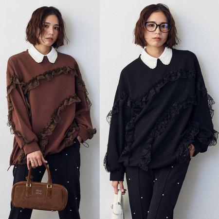 FA52409# 早春新女蕾丝花边装饰木耳边短款宽松上衣休闲卫衣  服裝批發女裝批發服飾貨源