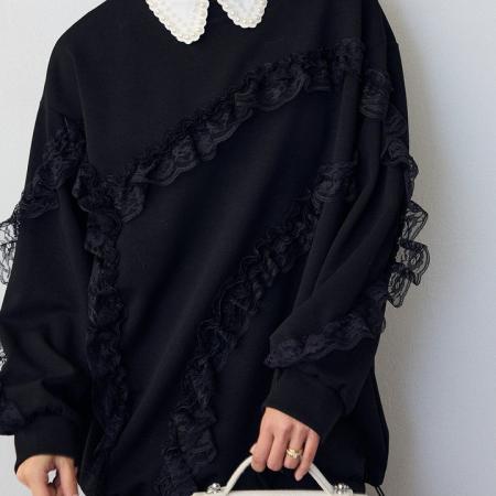 FA52409# 早春新女蕾丝花边装饰木耳边短款宽松上衣休闲卫衣  服裝批發女裝批發服飾貨源