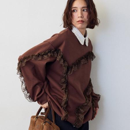 FA52409# 早春新女蕾丝花边装饰木耳边短款宽松上衣休闲卫衣  服裝批發女裝批發服飾貨源