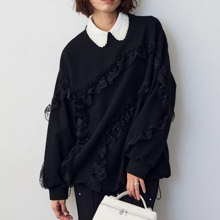 FA52409# 早春新女蕾丝花边装饰木耳边短款宽松上衣休闲卫衣  服裝批發女裝批發服飾貨源