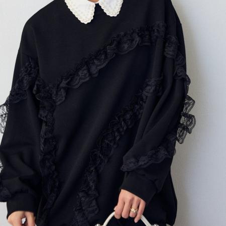 FA52409# 早春新女蕾丝花边装饰木耳边短款宽松上衣休闲卫衣  服裝批發女裝批發服飾貨源
