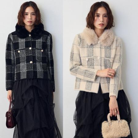 FA52410# 新款宽松新款洋气水貂毛毛领外套冬季格子毛领短款开衫上衣  服裝批發女裝批發服飾貨源