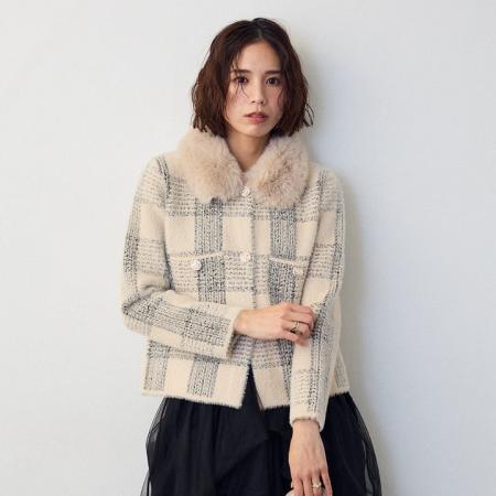 FA52410# 新款宽松新款洋气水貂毛毛领外套冬季格子毛领短款开衫上衣  服裝批發女裝批發服飾貨源