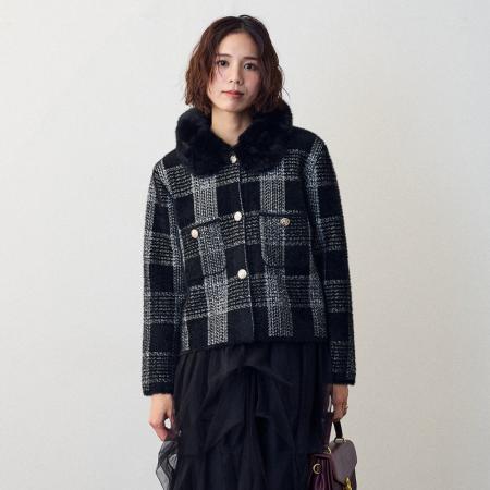 FA52410# 新款宽松新款洋气水貂毛毛领外套冬季格子毛领短款开衫上衣  服裝批發女裝批發服飾貨源