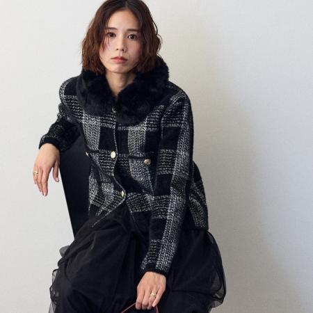 FA52410# 新款宽松新款洋气水貂毛毛领外套冬季格子毛领短款开衫上衣  服裝批發女裝批發服飾貨源