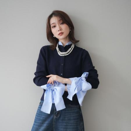 FA52412# 春季新款蝴蝶结拼接女针织上衣减龄女气质假两件毛衣  服裝批發女裝批發服飾貨源