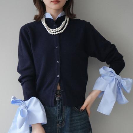 FA52412# 春季新款蝴蝶结拼接女针织上衣减龄女气质假两件毛衣  服裝批發女裝批發服飾貨源