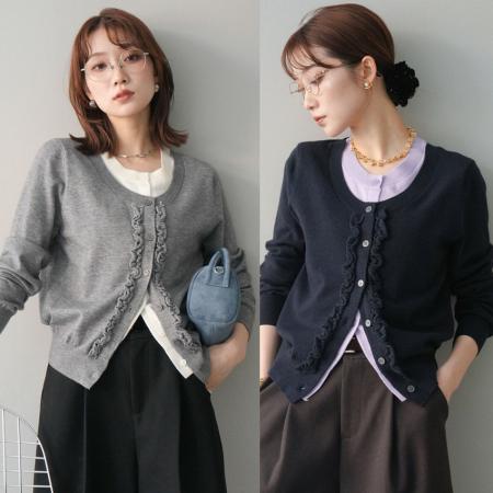 FA52413# 春秋新款木耳边气质门襟花边拼色假两件针织开衫女针织上衣  服裝批發女裝批發服飾貨源