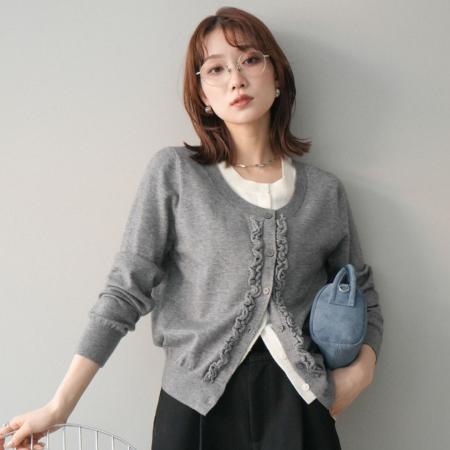 FA52413# 春秋新款木耳边气质门襟花边拼色假两件针织开衫女针织上衣  服裝批發女裝批發服飾貨源