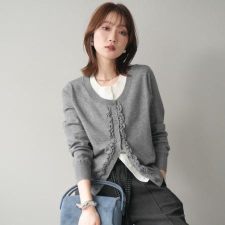 FA52413# 春秋新款木耳边气质门襟花边拼色假两件针织开衫女针织上衣  服裝批發女裝批發服飾貨源