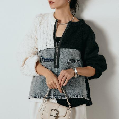 FA52414# 牛仔拼接针织毛衣女新款设计感小众宽松短款显瘦上衣  服裝批發女裝批發服飾貨源