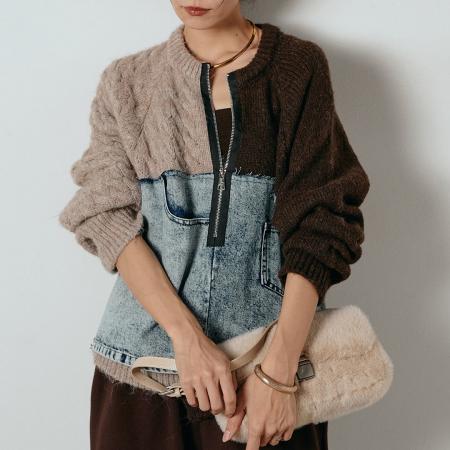 FA52414# 牛仔拼接针织毛衣女新款设计感小众宽松短款显瘦上衣  服裝批發女裝批發服飾貨源