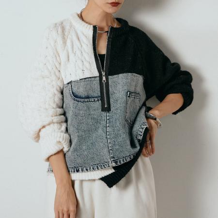 FA52414# 牛仔拼接针织毛衣女新款设计感小众宽松短款显瘦上衣  服裝批發女裝批發服飾貨源