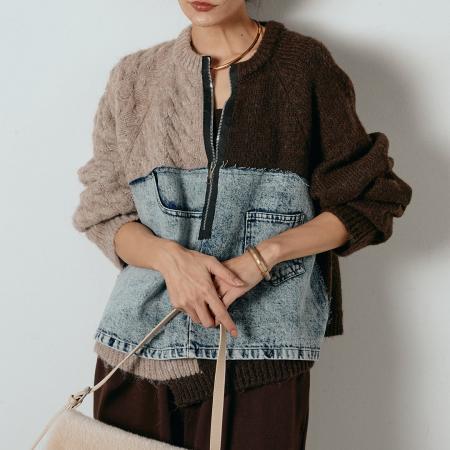 FA52414# 牛仔拼接针织毛衣女新款设计感小众宽松短款显瘦上衣  服裝批發女裝批發服飾貨源
