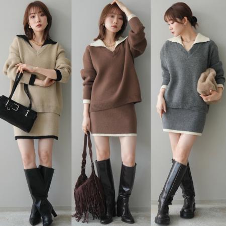 FA52417# 小香风撞色毛衣针织+半身裙女秋冬新款小个子韩系穿搭套装  服裝批發女裝批發服飾貨源
