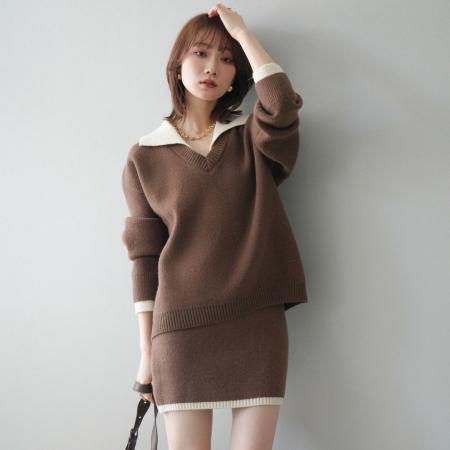 FA52417# 小香风撞色毛衣针织+半身裙女秋冬新款小个子韩系穿搭套装  服裝批發女裝批發服飾貨源