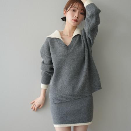 FA52417# 小香风撞色毛衣针织+半身裙女秋冬新款小个子韩系穿搭套装  服裝批發女裝批發服飾貨源