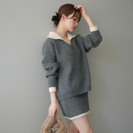 FA52417# 小香风撞色毛衣针织+半身裙女秋冬新款小个子韩系穿搭套装  服裝批發女裝批發服飾貨源