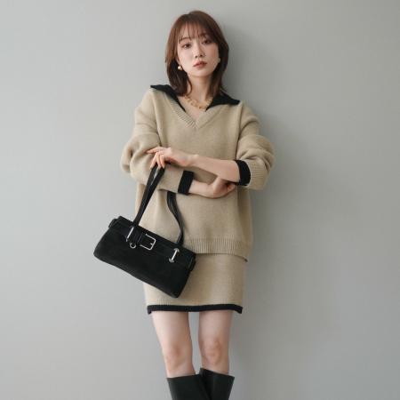 FA52417# 小香风撞色毛衣针织+半身裙女秋冬新款小个子韩系穿搭套装  服裝批發女裝批發服飾貨源