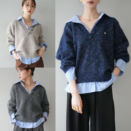 FA52422# 假两件条纹拼接毛衣春秋冬韩系洋气简约慵懒百搭针织衫女  服裝批發女裝批發服飾貨源