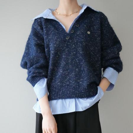 FA52422# 假两件条纹拼接毛衣春秋冬韩系洋气简约慵懒百搭针织衫女  服裝批發女裝批發服飾貨源