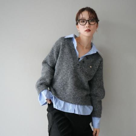 FA52422# 假两件条纹拼接毛衣春秋冬韩系洋气简约慵懒百搭针织衫女  服裝批發女裝批發服飾貨源