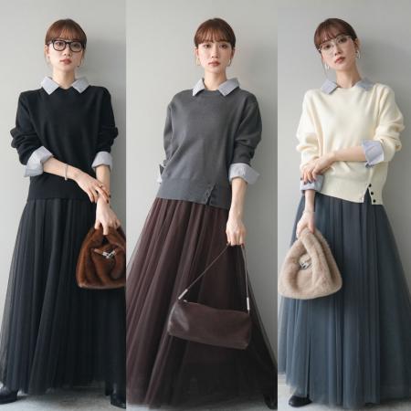 FA52423# 新款女条纹拼接女长袖针织衫+大摆网纱长裙两件套套装  服裝批發女裝批發服飾貨源