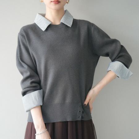 FA52423# 新款女条纹拼接女长袖针织衫+大摆网纱长裙两件套套装  服裝批發女裝批發服飾貨源