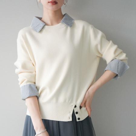 FA52423# 新款女条纹拼接女长袖针织衫+大摆网纱长裙两件套套装  服裝批發女裝批發服飾貨源