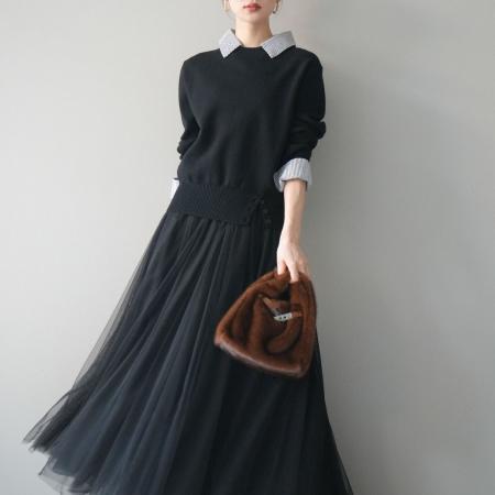 FA52423# 新款女条纹拼接女长袖针织衫+大摆网纱长裙两件套套装  服裝批發女裝批發服飾貨源