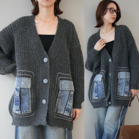 FA52424# 慵懒风V领针织开衫女冬季新款牛仔拼接宽松毛衣外套厚  服裝批發女裝批發服飾貨源