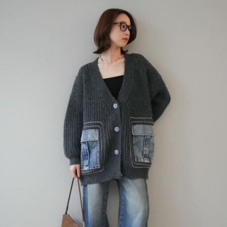 FA52424# 慵懒风V领针织开衫女冬季新款牛仔拼接宽松毛衣外套厚  服裝批發女裝批發服飾貨源