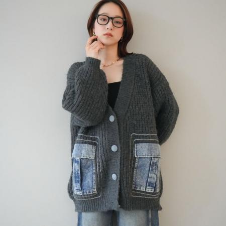 FA52424# 慵懒风V领针织开衫女冬季新款牛仔拼接宽松毛衣外套厚  服裝批發女裝批發服飾貨源