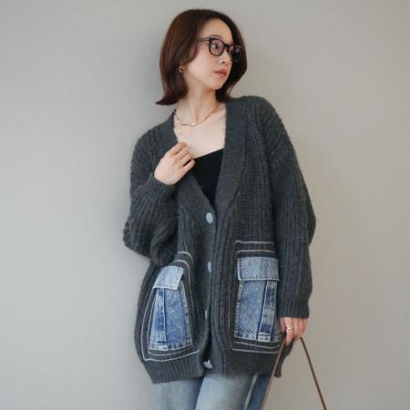 FA52424# 慵懒风V领针织开衫女冬季新款牛仔拼接宽松毛衣外套厚  服裝批發女裝批發服飾貨源