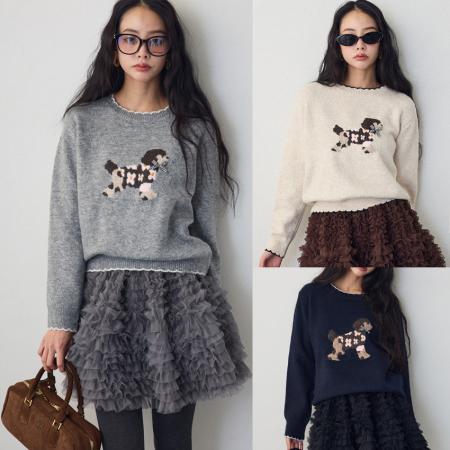 FA52427# 卡通提花花边圆领毛衣针织衫+蓬蓬半身短裙时尚减龄两件套  服裝批發女裝批發服飾貨源