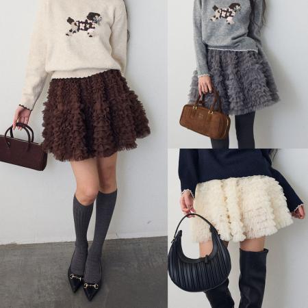 FA52427# 卡通提花花边圆领毛衣针织衫+蓬蓬半身短裙时尚减龄两件套  服裝批發女裝批發服飾貨源