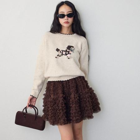 FA52427# 卡通提花花边圆领毛衣针织衫+蓬蓬半身短裙时尚减龄两件套  服裝批發女裝批發服飾貨源