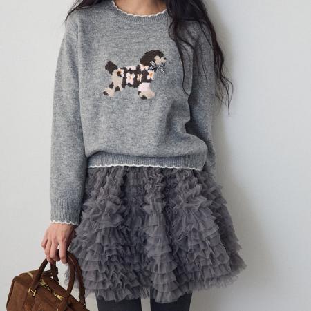 FA52427# 卡通提花花边圆领毛衣针织衫+蓬蓬半身短裙时尚减龄两件套  服裝批發女裝批發服飾貨源