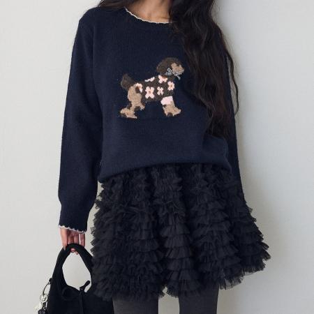 FA52427# 卡通提花花边圆领毛衣针织衫+蓬蓬半身短裙时尚减龄两件套  服裝批發女裝批發服飾貨源