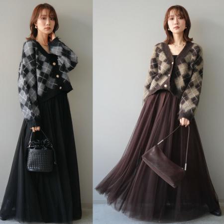 FA52428# 春秋新款V领格子毛衣开衫+半身大摆网纱长裙两件套套装  服裝批發女裝批發服飾貨源