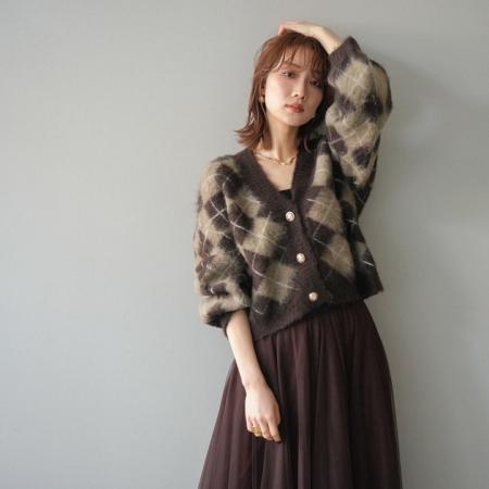 FA52428# 春秋新款V领格子毛衣开衫+半身大摆网纱长裙两件套套装  服裝批發女裝批發服飾貨源