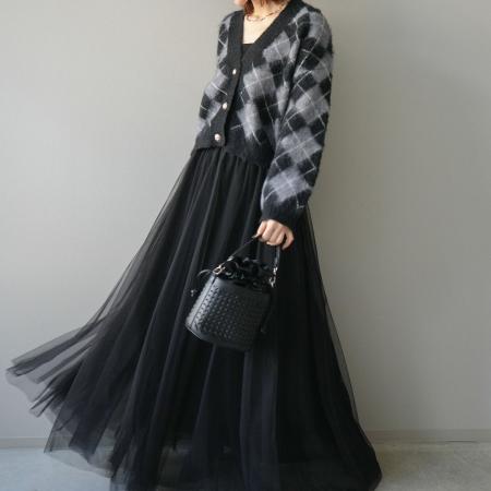FA52428# 春秋新款V领格子毛衣开衫+半身大摆网纱长裙两件套套装  服裝批發女裝批發服飾貨源