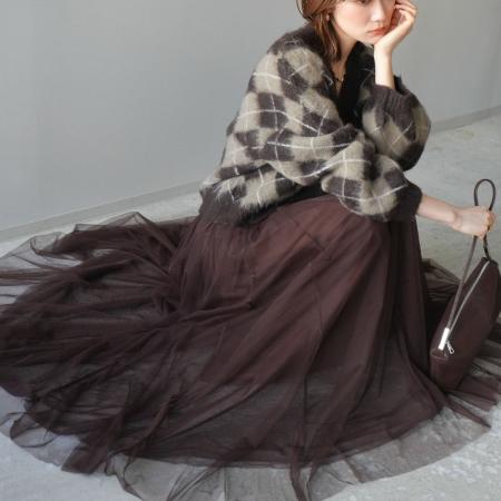 FA52428# 春秋新款V领格子毛衣开衫+半身大摆网纱长裙两件套套装  服裝批發女裝批發服飾貨源